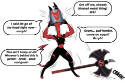 bucket_helmet demon_girl glamrockmangle12 helluva_boss horns millie_(helluva_boss) red_skin resisting speech_bubble text transformation 