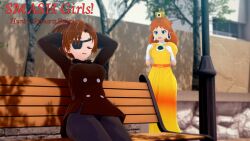 aware blue_eyes brown_hair closed_eyes clothed crown cyanstargazer earrings english_text eyepatch female_only gloves long_hair multiple_girls nintendo opera_gloves princess princess_daisy red_hair royalty super_mario_bros. super_smash_bros. text
