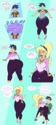  ass ass_expansion bimbofication blonde_hair blue_eyes blue_hair blush bracelet brown_hair comic dialogue diggerman earrings feminization glasses hand_on_hip hourglass_figure huge_ass jewelry leggings malesub necklace ponytail sequence shoes short_hair shorts speech_bubble t-shirt thick_thighs transformation transgender wide_hips 