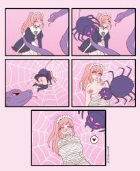  ass blush breasts drool felicia_(fire_emblem) femsub fire_emblem fire_emblem_fates hypnotic_eyes nintendo nipples open_mouth pink_hair restrained ring_eyes snake spider spiderweb topless undressing yumiiart 