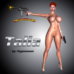  3d bare_legs bottomless bracelet breasts collarbone earrings erect_nipples expressionless feet female_only femsub gun high_heels huge_breasts hypnoman hypnotized_dom jewelry legs nipples nude orange_hair original pussy red_hair red_lipstick short_hair solo talia_danvers text topless white_eyes 