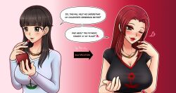  altered_common_sense before_and_after blush breasts brown_hair consensual dialogue femsub heart large_breasts laura_(tfgame) long_hair milf necklace original porniky red_hair red_lipstick t-shirt text transformation wink 