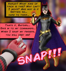  3d barbara_gordon batgirl batman_(series) comic dc_comics femdom femsub finger_snap harley_quinn saltygauntlet text 