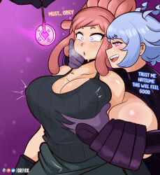  absurdres bare_shoulders blue_hair blush bodysuit breast_grab breast_press breasts cleavage cleavage_cutout coin corruption dialogue drevod drool enemy_conversion erect_nipples erect_nipples_under_clothes expressionless femsub gloves glowing_eyes groping happy_trance huge_breasts hypnotized_assistant latex mei_hatsume multiple_girls multiple_subs my_hero_academia nejire_hado panting pendulum pink_eyes pink_hair ponytail preview restrained short_hair smile super_hero tank_top text 