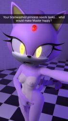 3d blaze_the_cat breasts caption femsub fingering furry hypnotic_accessory hypnotic_eyes looking_at_viewer masturbation open_mouth purple_hair purple_skin selfie snapchat sonic_the_hedgehog_(series) spiralrose23 symbol_in_eyes tech_control text yellow_eyes