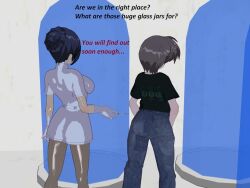 3d black_hair flamekin gloves grey_hair hair_buns jeans large_breasts nurse pantyhose shirt short_hair syringe text