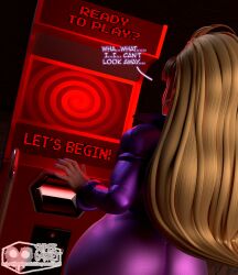 3d arcade_game ass bangs blender blonde_hair clothed dialogue earrings female_only femsub gravity_falls hypnotic_screen large_ass long_hair nail_polish pacifica_northwest solo spiral straight-cut_bangs supercasket tech_control text 