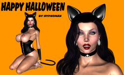 3d ass bare_shoulders black_hair blush breasts cleavage collar collarbone earrings erect_nipples expressionless fake_animal_ears female_only femsub halloween high_heels huge_breasts hypnoman jewelry kneeling lola_torres milf open_mouth orange_eyes original red_lipstick solo text thick_thighs