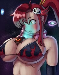  absurdres blush breasts female_only femsub foolycooly gurren_lagann hair_ornament large_breasts long_hair open_mouth ponytail red_hair symbol_in_eyes tech_control yoko_littner 