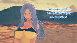 aware blue_eyes blue_hair breasts clothed dialogue english_text female_only karen_(pokemon) mustardsauce pokemon pokemon_(anime) solo text