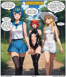  ai_art blonde_hair blue_hair devianbar dialogue empty_eyes femsub happy_trance lana_(pokemon) large_breasts latex lillie_(pokemon) long_hair mela_(pokemon) nintendo pokemon red_hair short_hair team_hypno text 