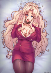  absurdres balalaika black_lagoon blonde_hair blue_eyes breasts bubble cleavage clothed collar dog_pose dress_shirt drool eshie femsub large_breasts lying mole on_back open_mouth pantyhose pet_play scars skirt smile sparkle spiral spiral_eyes symbol_in_eyes tongue tongue_out very_long_hair 