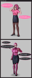  absurdres agnikka_sato altered_common_sense before_and_after black_lipstick bodysuit collar corruption dialogue female_only femdom femsub glasses hypnotic_accessory hypnotized_dom hypnotized_hypnotist jamie_(dumb_writerr) large_breasts latex legs office_lady original pantyhose pink_hair red_eyes rubber skirt text tight_clothing 