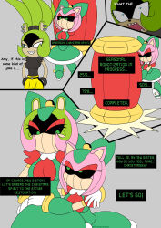  alternate_costume amy_rose animal_ears boots bow christmas cleavage clothed collar comic female_only femsub flashpointgear furry glowing_eyes green_eyes hammer happy_trance hedgehog_girl multiple_girls robot robot_girl robotization skirt solo sonic_the_hedgehog_(series) surge_the_tenrec tech_control tenrec_girl text transformation 