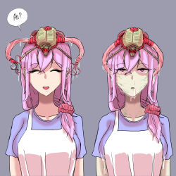  apron bangs before_and_after brain_injection closed_eyes collarbone confused drool empty_eyes female_only femsub green_skin grey_background lactation large_breasts milf nightmare_fuel open_mouth original parasite pink_hair ponytail purple_eyes simple_background smile solo speech_bubble standing t-shirt tears tentacles xipa 