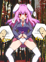 animal_ears antenna aware blush body_control bunny_girl cameltoe comic earthling_a hypnotic_accessory panties purple_hair red_eyes reisen_udongein_inaba remote_control skirt skirt_lift spread_legs tech_control text thighhighs time_stop touhou underwear unhappy_trance upskirt