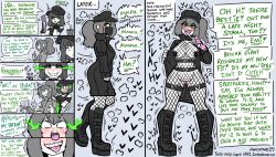 ahegao belt blush comic dialogue dildo exhibitionism eyebrows_visible_through_hair eyeshadow fanterfane femsub fishnets green_eyes hat jacket knee-high_boots long_hair maledom original ponytail possession pussy pussy_juice short_hair smile surprised tape text vibrator