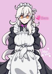 alternate_costume artsu_waifu breasts charm_(spell) clothed english_text expressionless fate/grand_order fate_(series) female_only femsub gloves heart hypnotic_magic large_breasts magic maid olga_marie_animusphere pink_background simple_background spiral spiral_eyes spiralwash_eyes symbol text very_long_hair white_hair