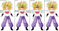 blonde_hair breasts caulifla comic doudile dragon_ball dragon_ball_super dragon_ball_xenoverse_2 female_only green_eyes large_breasts long_hair looking_at_viewer mask red_eyes smile standing text watermark white_background