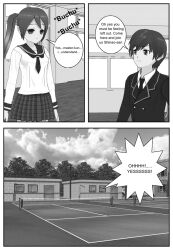 3d amaturemanga comic comipo dialogue empty_eyes expressionless greyscale long_hair maledom monochrome multiple_girls multiple_subs school_uniform short_hair skirt text tie twintails