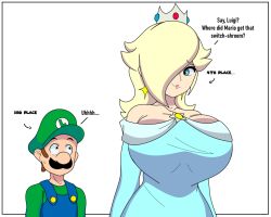 bare_shoulders blonde_hair blue_eyes border brown_hair clothed consensual crown dialogue dress earrings english_text eyebrows_visible_through_hair gameplay_mechanics hair_covering_one_eye hat humor hypnotic_magic hypnotic_plant jewelry kyoarts large_breasts lipstick luigi magic makeup mustache nintendo princess princess_rosalina right_to_left royalty simple_background smile speech_bubble super_mario_bros. super_mario_galaxy surprised sweat text white_background