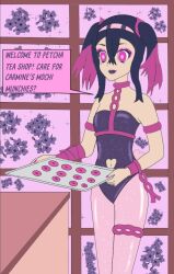 alternate_costume alternate_hairstyle androgynous_dom black_hair bunnysuit carmine_(pokemon) choker clothed dialogue english_text eye_color_change femsub food hair_color_change hypnotic_food leotard lipstick lunar-worx makeup nail_polish navel nintendo pecharunt pink_eyes pokemon pokemon_scarlet_and_violet possession purple_eyes purple_hair purple_lipstick speech_bubble story text tight_clothing tray