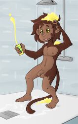  ahoge barefoot bottomless brown_hair devolution feet furry hand_on_head happy_trance male_only malesub monkey_boy mr.h nude open_mouth original penis ring_eyes shampoo shower tail tail_growth tongue tongue_out topless transformation western 