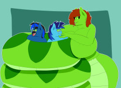  anguis_flake blue_hair breasts brown_hair charlyc95 coils dazed dial_liyon dr._meem earrings femdom furry green_eyes happy_trance huge_breasts hypnotic_eyes malesub my_little_pony ring_eyes simple_background snake_girl tongue_out unicorn unicorn_boy 