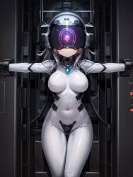  ai_art bodysuit corruption expressionless female_only femsub glowing grey_hair helmet koimin4_(generator) large_breasts latex long_hair navel restrained rubber solo stable_diffusion_(ai) tech_control tight_clothing visor 