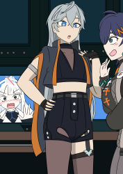  absurdres alternate_hairstyle androgynous_dom androgynous_sub belle_(zenless_zone_zero) blue_eyes blue_hair blush body_swap brother_and_sister eye_color_change fairy_(zenless_zone_zero) femdom femsub green_eyes grey_hair hair_growth short_hair spiral_eyes uploaded_consciousness vel very_long_hair wise_(zenless_zone_zero) zenless_zone_zero 