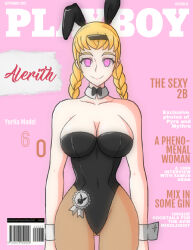 alerith bare_shoulders breasts bunny_ears bunny_girl bunnysuit cleavage cover cuffs english_text fake_animal_ears female_only femsub happy_trance large_breasts nier_automata operator_6o smile solo spiralwash_eyes square_enix text