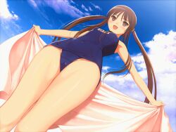  blush breasts brown_hair cameltoe empty_eyes fault!! female_only femsub long_hair manip masakakikairi_(manipper) mio_sugiyama one-piece_swimsuit open_mouth outdoors school_swimsuit small_breasts smile solo swimsuit tony_taka towel twintails 