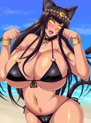 beach bell_collar bikini_bottom bikini_top black_hair blush breasts cat_ears cat_girl cleavage clothed_exposure collar female_only femsub glowing glowing_eyes huge_breasts jewelry large_hips long_hair looking_at_viewer manip megane_man micro_bikini misterman4_(manipper) open_mouth smile spiral_eyes swimsuit symbol_in_eyes tagme tail tattoo