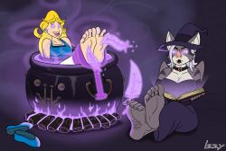  asterix_(series) aubrey_(irkingir) barefoot bat_girl blonde_hair feet female_only femdom femsub foot_focus furry glowing_eyes happy_trance irkingir laughing long_hair magic original tickling very_long_hair witch witch_hat 