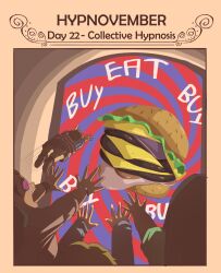 english_text food humor hypnovember multiple_subs open_mouth pstash shorts spiral_eyes text yellow_background