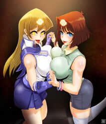  absurdres alexis_rhodes blonde_hair blush breast_press breasts brown_hair empty_eyes female_only femsub fingerless_gloves gloves happy_trance hmage holding_hands large_breasts long_hair magic open_mouth short_hair symmetrical_docking tea_gardner tongue tongue_out yu-gi-oh! yu-gi-oh!_gx 