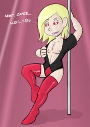 blonde_hair clothed_exposure happy_trance male_only malesub mr.h open_mouth original pole_dancing ring_eyes smile stripper text thighhighs underwear western