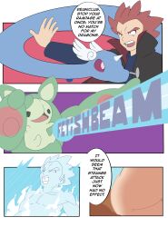  beam black_eyes clothed comic dialogue dragonair english_text horns lance_(pokemon) nintendo pink_hair pokemon pokemon_(creature) pokemon_black_and_white pokemon_red_green_blue_and_yellow red_hair reuniclus simple_background sourowl text 