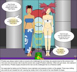 black_hair dark_skin dialogue empty_eyes femsub flannery large_breasts nabs001 nintendo phoebe_(pokemon) pokemon red_hair team_hypno text