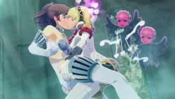 3d aegis_(persona) ass_grab assertive_sub bikini_armor blonde_hair blush brown_hair charm_(spell) femsub gameplay_mechanics gloves heart kissing kotone_shiomi long_hair multiple_subs opera_gloves persona_(series) persona_3 pink_eyes ponytail red_eyes robot_girl sequence short_hair standing tagme thighhighs uriziel38