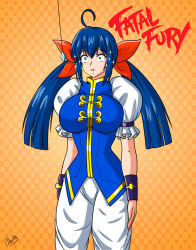 ahoge alerith blue_eyes blue_hair breasts clothed empty_eyes fatal_fury female_only femsub hair_ornament hotaru_futaba huge_breasts light_skin open_mouth pants pendulum ribbon simple_background twintails