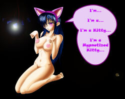 absurdres black_hair bottomless breasts cat_girl dazed dialogue empty_eyes erect_nipples expressionless female_only femsub hypnogoat666 kneeling large_breasts nude pendulum pet_play text topless