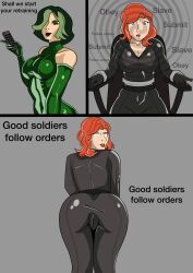  absurdres ass black_widow bodysuit breasts chair cleavage clothed drool english_text female_only femdom femsub from_behind green_eyes green_hair green_lipstick grey_background hair_covering_one_eye large_ass large_breasts lipstick looking_back madame_hydra makeup marvel_comics red_hair red_lipstick remote_control restrained simple_background sitting spiral super_hero sweat tagme tech_control text tokyoplayer whitewash_eyes 