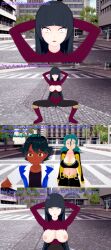  absurdres arms_above_head ash_ketchum black_hair breasts breasts_outside brown_eyes closed_eyes clothed dialogue english_text femsub green_hair horokeu instant_loss long_hair maledom multiple_girls multiple_subs nintendo nipples officer_jenny pokemon pokemon_(anime) red_eyes sabrina_(pokemon) short_hair shrunken_irises spread_legs squatting text torn_clothes 