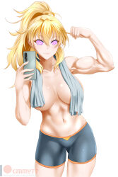 bike_shorts blonde_hair blush breasts cell_phone female_only femsub glowing glowing_eyes gym_uniform happy_trance kimmy77 long_hair looking_at_viewer manip misterman4_(manipper) muscle_girl ponytail rwby self_hypnosis smile spiral_eyes sweat symbol_in_eyes tagme tech_control topless towel yang_xiao_long