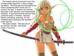  bare_shoulders belt blonde_hair caption collarbone deathwish_(manipper) elf elf_ears femsub gauntlets glowing glowing_eyes kneehighs long_hair maledom manip open_mouth simple_background standing sword tech_control text weapon white_background white_hair 