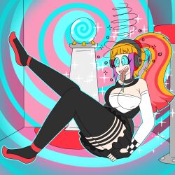  absurdres breasts clothed drool female_only femsub happy_trance headphones hypnotic_orb long_hair open_mouth orb original ponytail sitting skirt solo spiral spiral_eyes spiralwash_eyes symbol_in_eyes thighhighs tongue tongue_out unfocused_eyes vi_(vynil) zombi62 