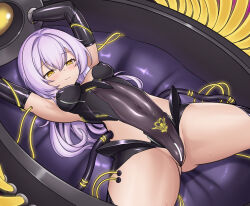  alternate_costume azur_lane blush breasts budesonide cables cameltoe censored corruption crotch_tattoo erect_nipples_under_clothes female_only femsub gloves happy_trance high_heels javelin_(azur_lane) leotard long_hair lying navel nipples nude opera_gloves purple_hair restrained rubber smile solo spread_legs tattoo tech_control thigh_boots thighhighs tubes yellow_eyes 