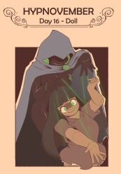 black_hair cloak dark_skin doll female_only femdom femsub glowing glowing_eyes green_eyes happy_trance hypnovember long_hair mary_mavys_(pstash) pstash puppet smile