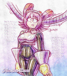  ameerashourdraws breasts capcom dialogue drone dronification enemy_conversion english_text female_only femsub kirby_(series) megaman_(series) megaman_x_(series) nana_(megaman_x) navel nintendo pink_hair short_hair shrunken_irises signature solo susie_(kirby) text tight_clothing 